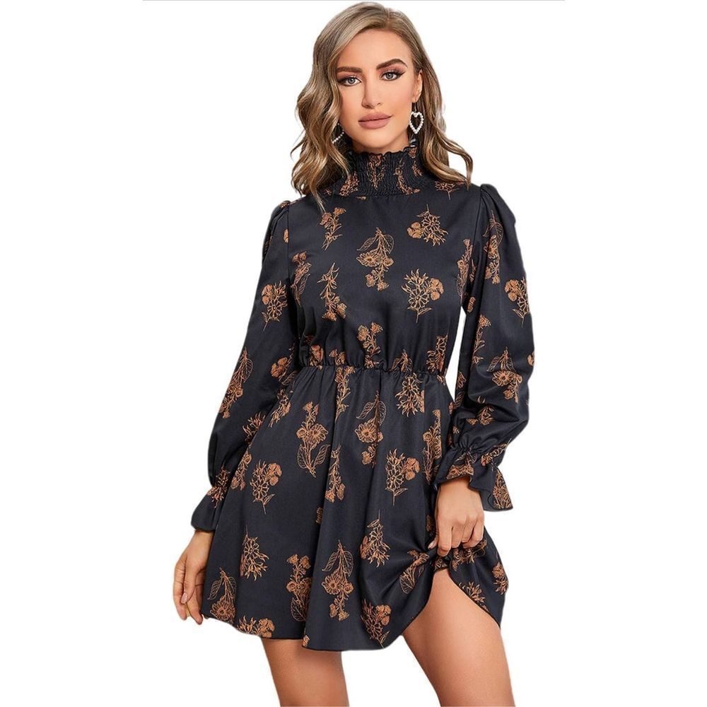 NEW Floerns Mock Neck Long Sleeve Floral Print Ruffle Mini Dress L